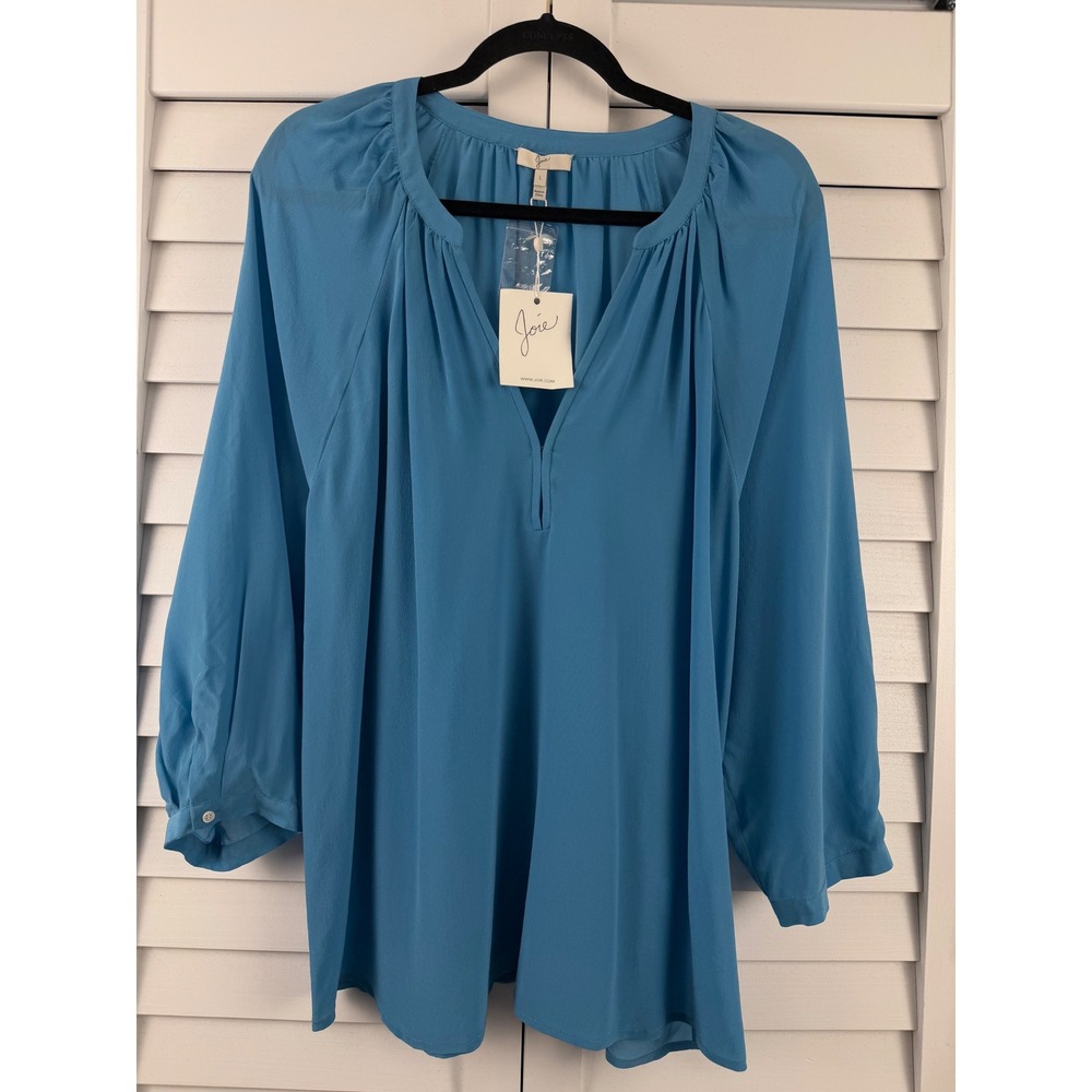 Joie‎ Silk Blouse Women L Blue Split V-Neck 3/4 Sleeve Pleated NEW